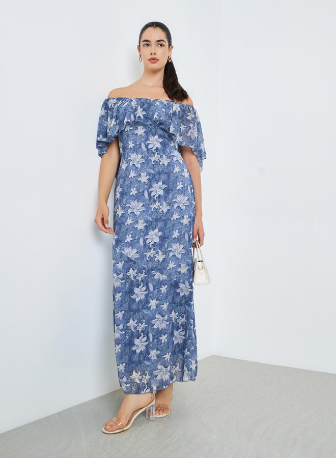 Styli Women Blue Floral Cape Sleeve Sheath Maxi Dress - Image 5